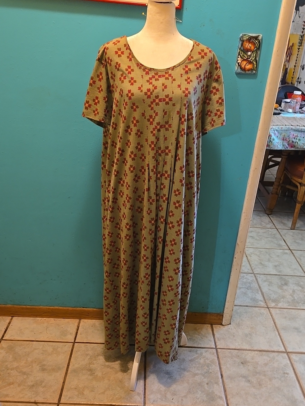 Gudrun Sjoden Olive Green Maxi Dress with Red Floral Print